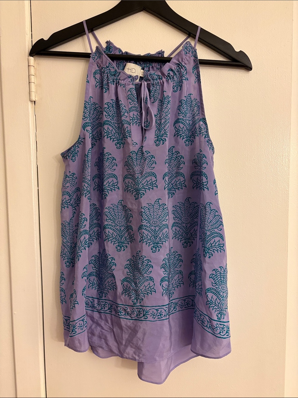 H by Halston 100% Silk Lavender Halter Camisole with Teal Print